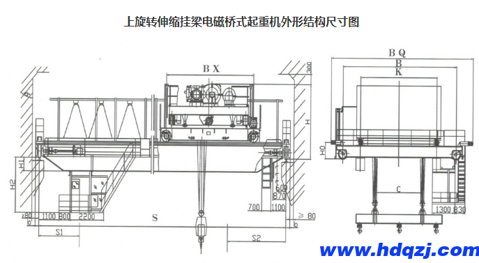 上旋轉(zhuǎn)伸縮掛梁電磁橋式起重機(jī) 上旋轉(zhuǎn)伸縮掛梁電磁橋式起重機(jī)